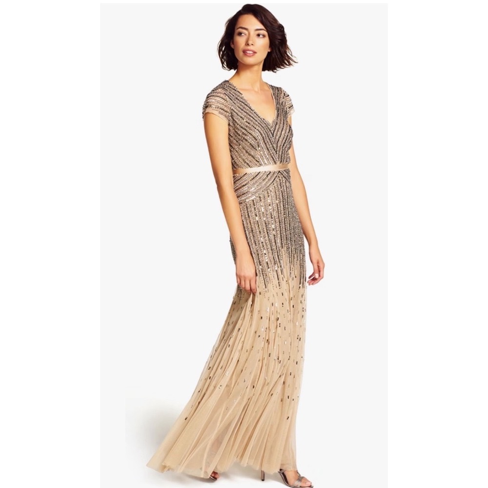 Adrianna Papell Beaded Sequin V-Neck Gown Cap Sleeve Maxi Dress Champagne Silver